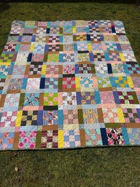 Vintage 9 Patch Scrappy Block Quilt Colorful Whimsical Hand Quilted 79x88 GUC